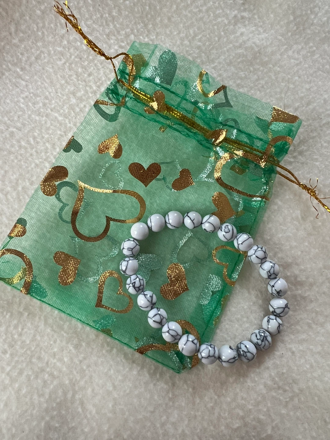 White Beaded Bracelet with Green Gift Bag