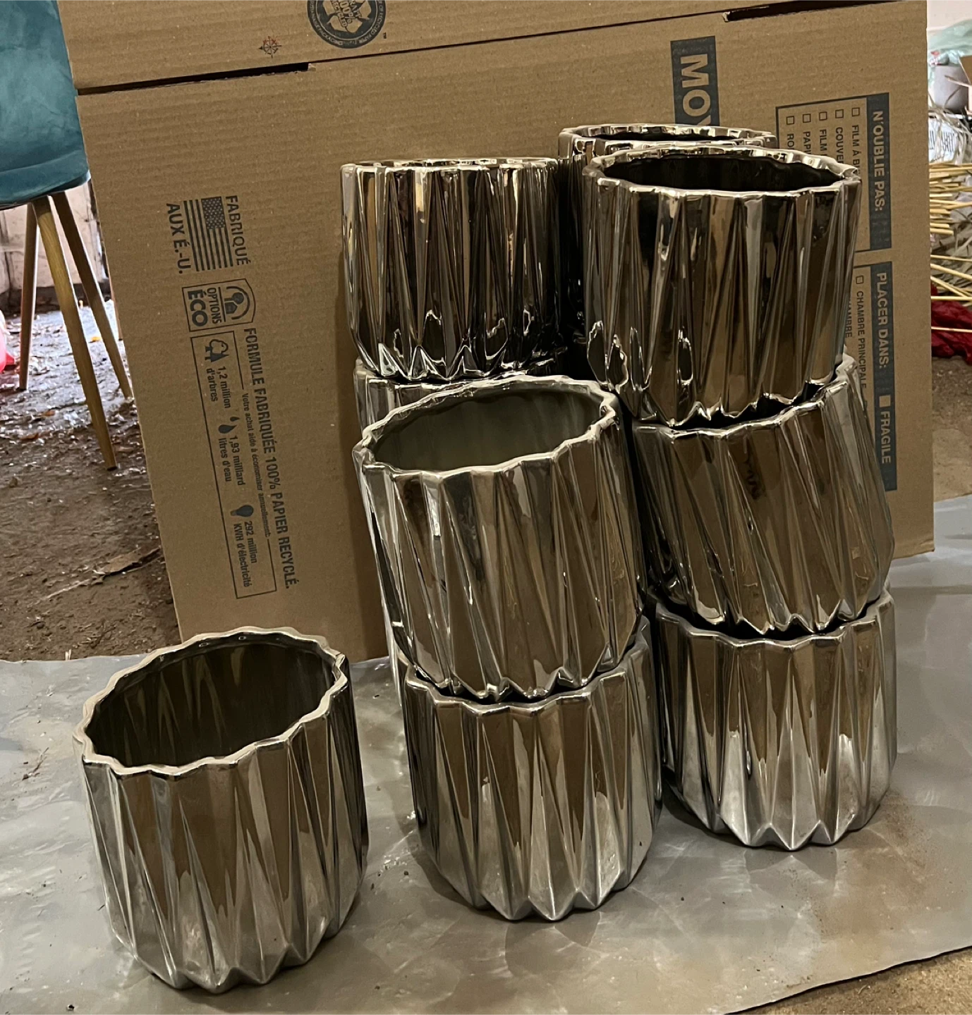 Set of 14 silver/pewter vases/planters/pots