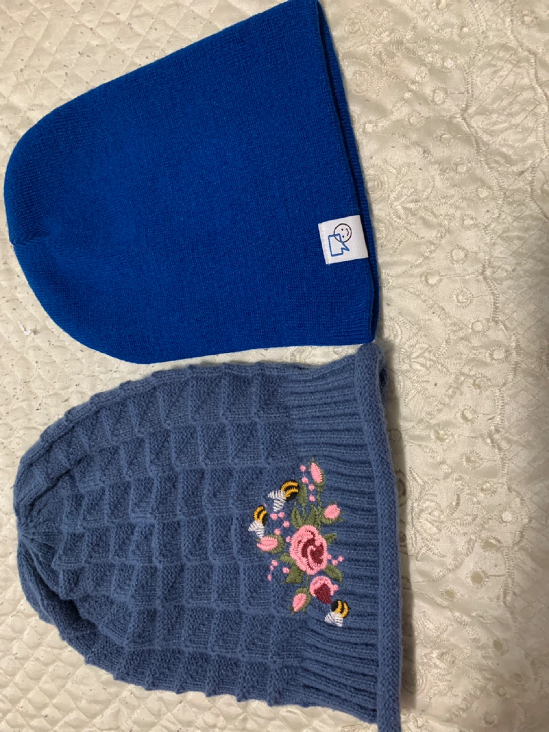Two Cute Beanies - Blue & Embroidered