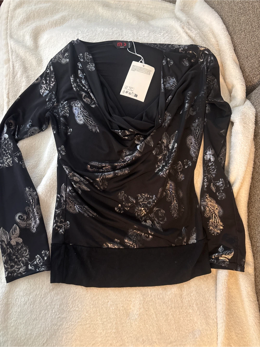 MS Paris Black Floral Long Sleeve Top - Size M