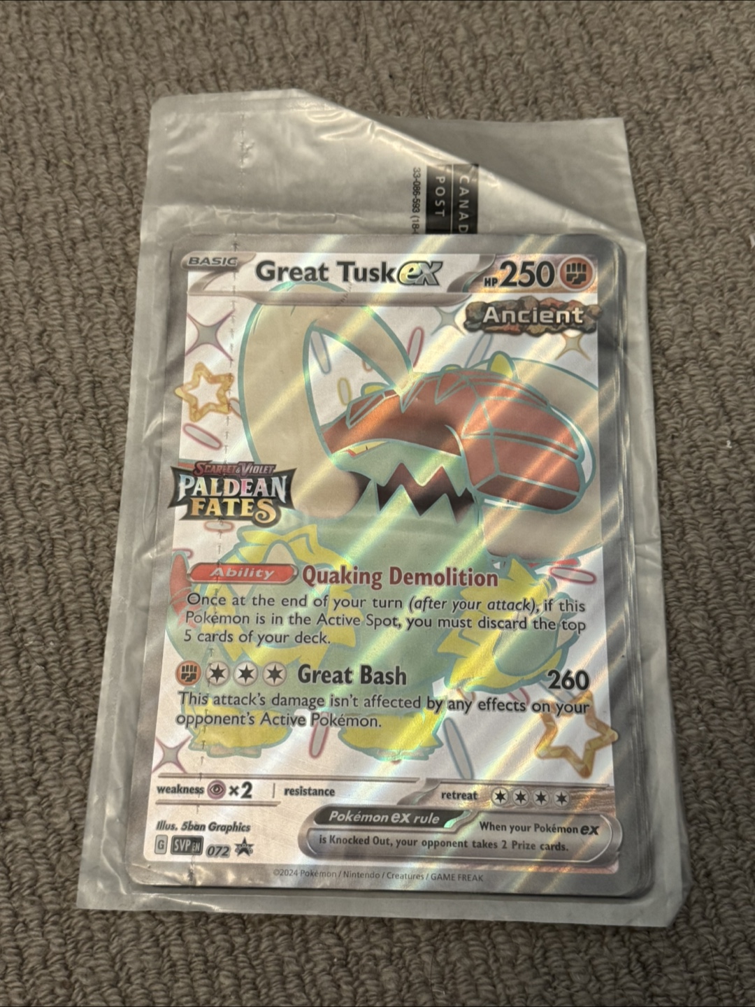 Pokemon Paldean fates great tusk ex jumbo card 072