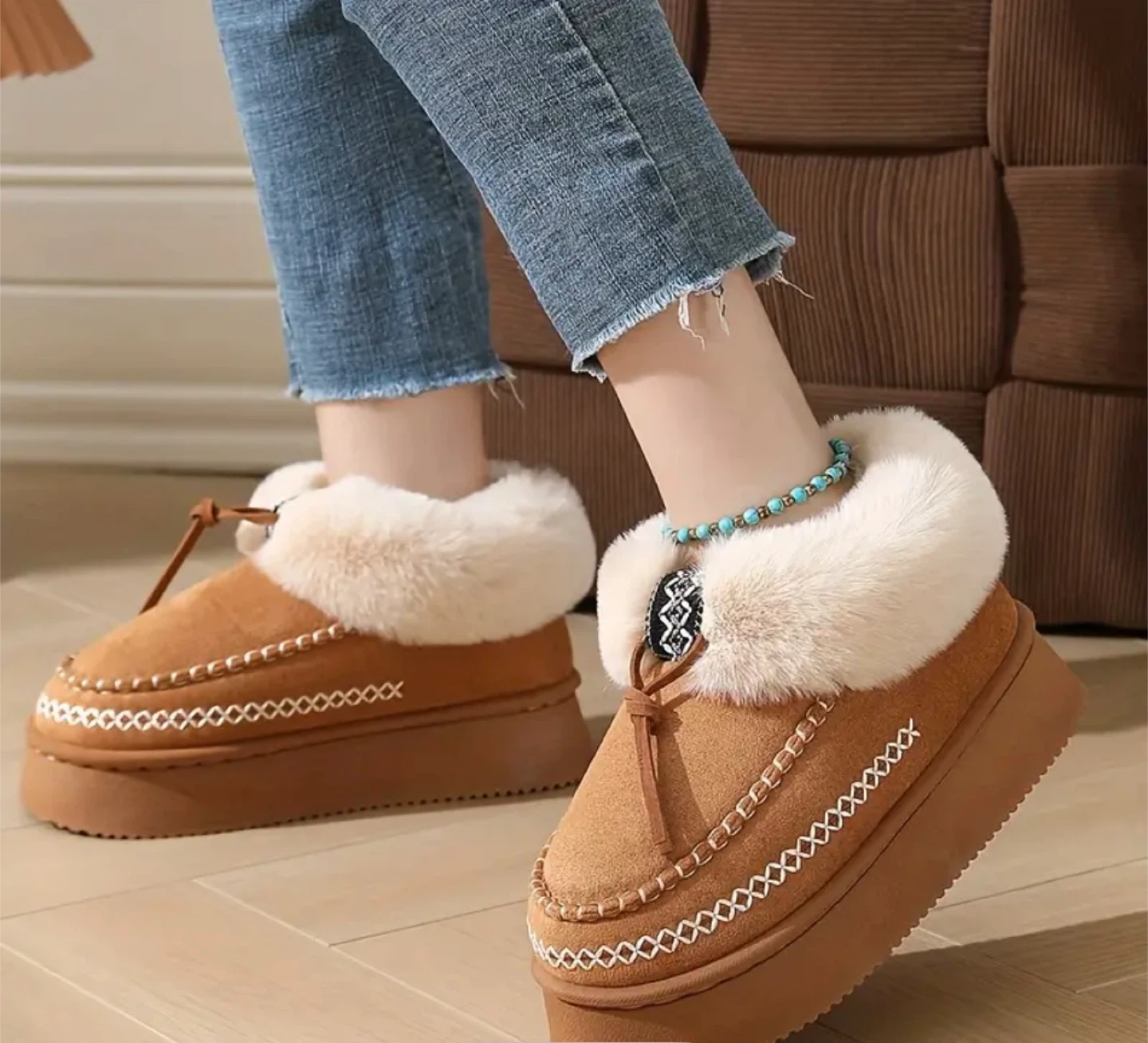 Brown Fur Lined Moccasin Slippers