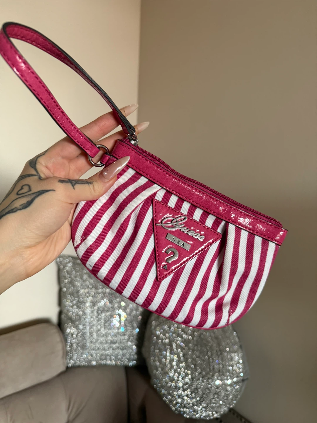 Guess Pink & White Striped Wristlet