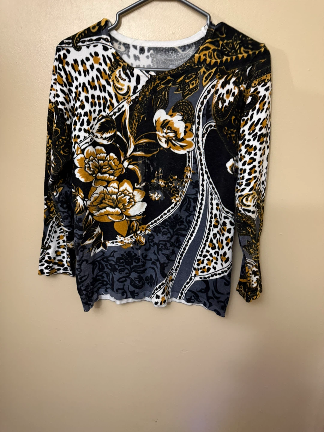 Black, White, Grey & Gold Floral Print Women’s Top