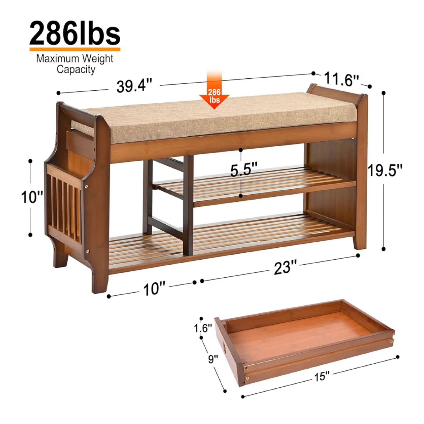 Bamboo Shoe Bench with Cushion Seat - photo 3