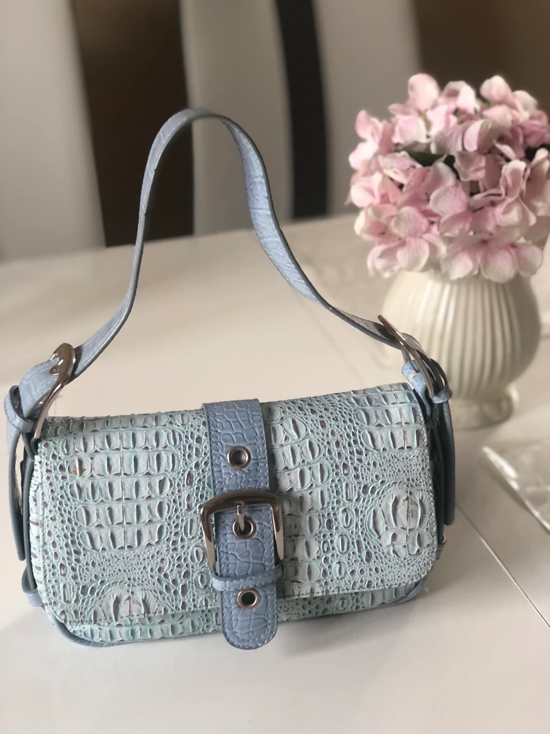 Blue Croc Embossed Shoulder Bag