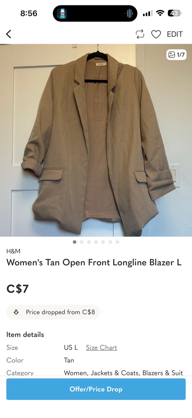 #giving Mod Ref Women's Tan Open Front Longline Blazer - L