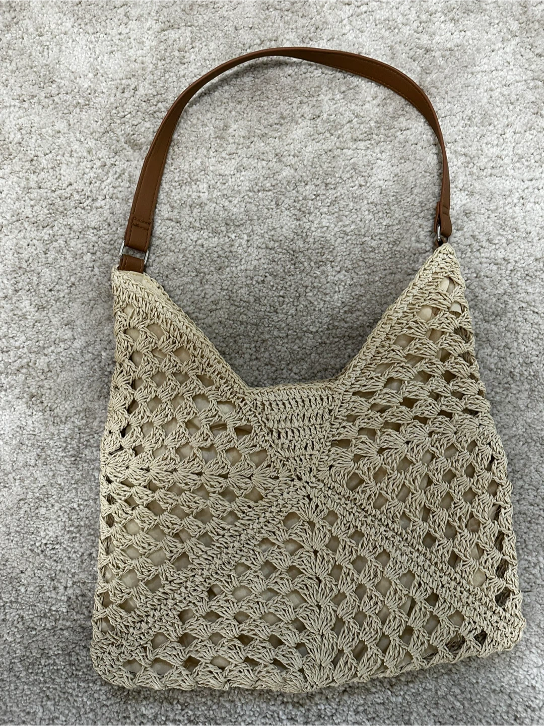 Woven Shoulder Bag - Beige with Brown Handle