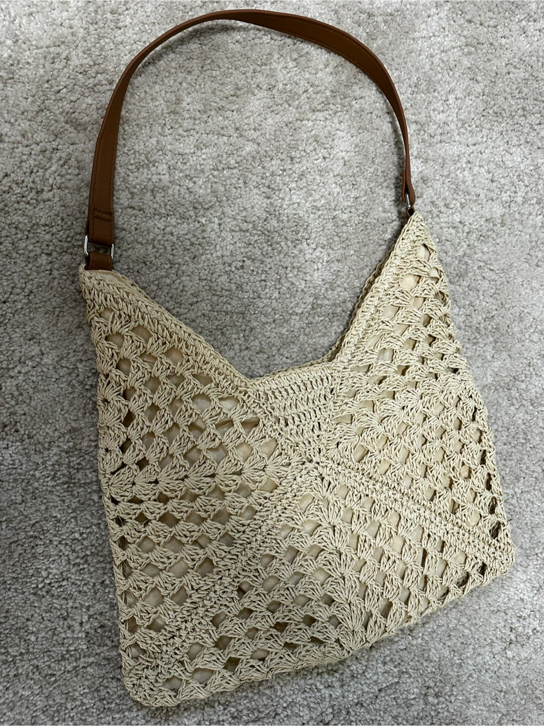 Woven Shoulder Bag - Beige with Brown Handle - photo 2