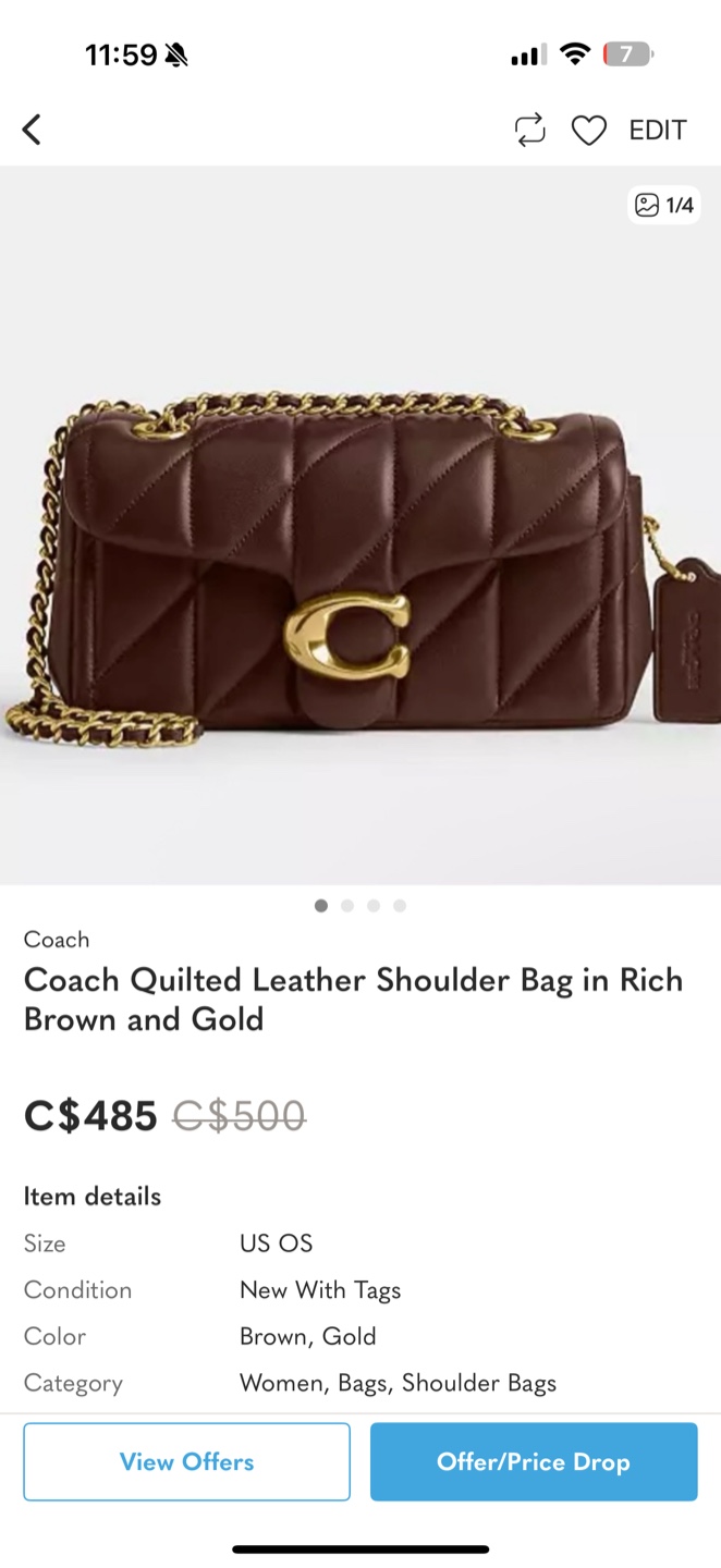 New Coach Quilted Leather Shoulder Bag - Brown & Gold