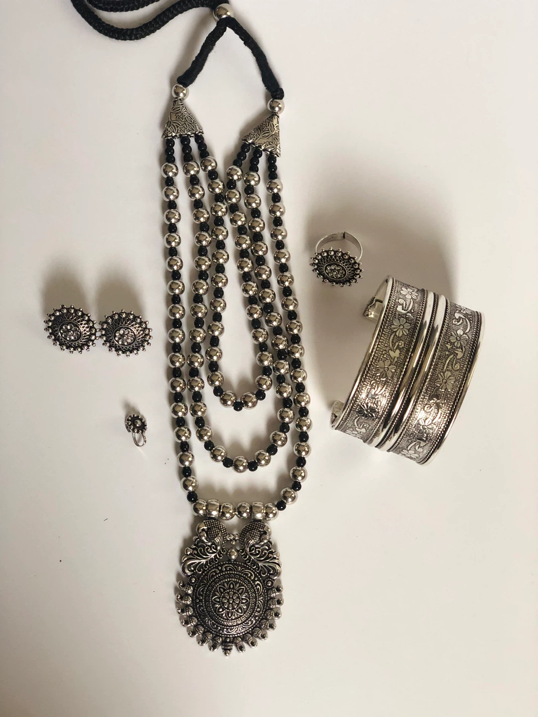 Oxidised Silver Tone Necklace, Ring, Earrings & Cuff Set