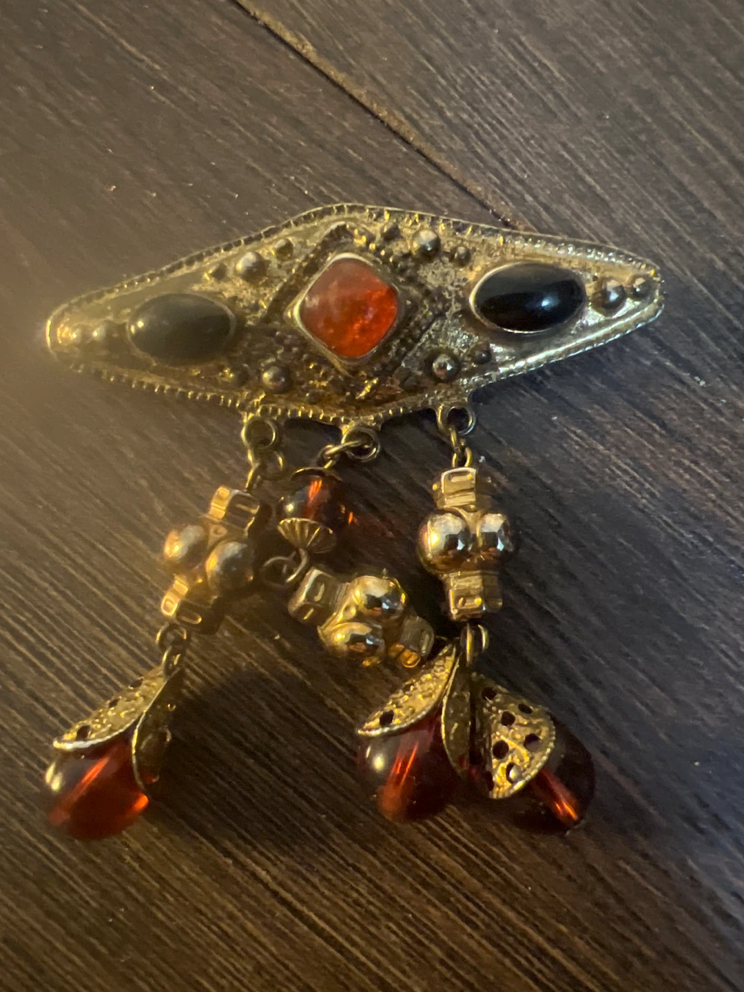 Vintage Gold Tone Brooch with Red Accents