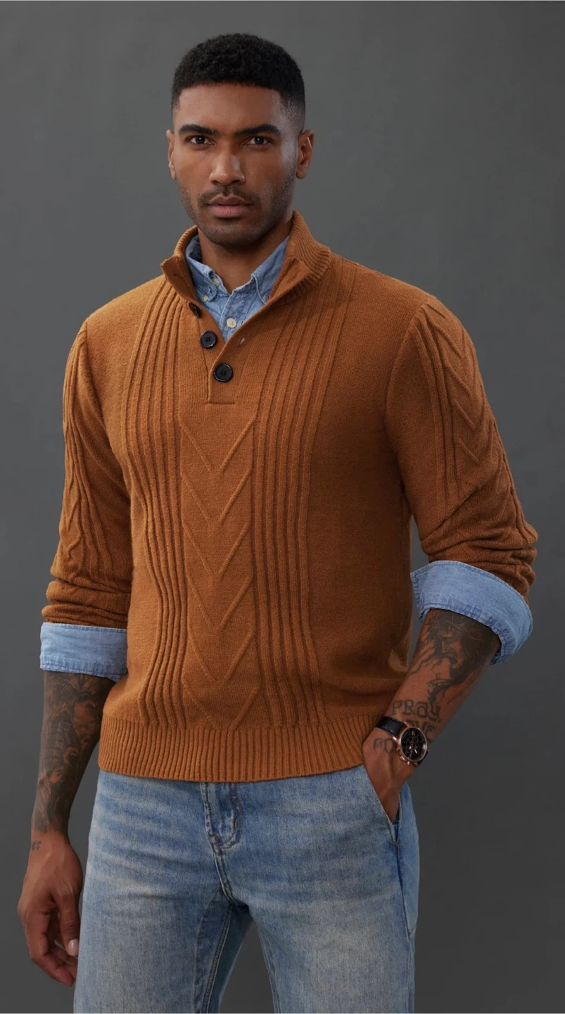 NEW! PAUL JONES Henley Thermal Cable Knit Button Sweater