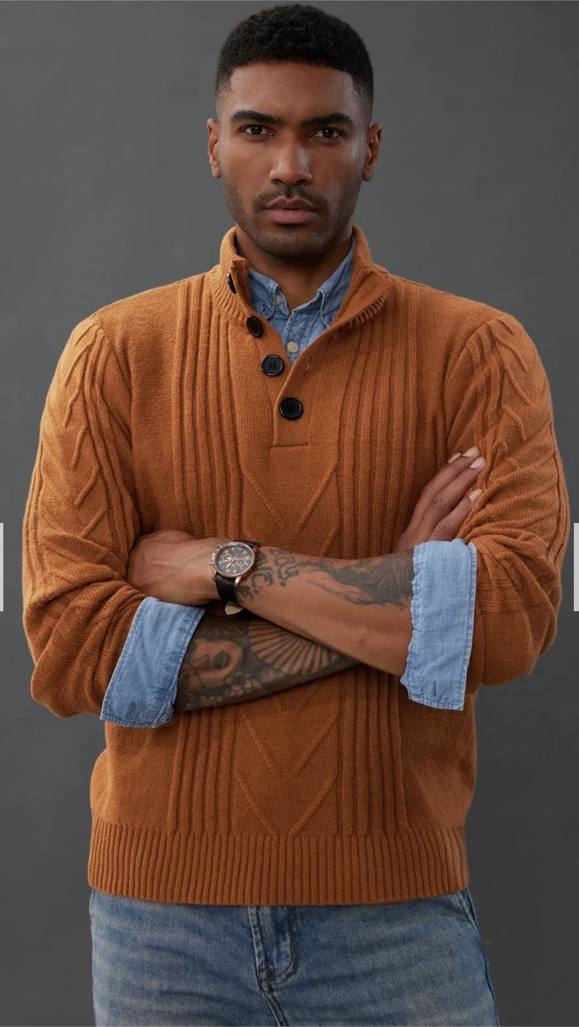 NEW! PAUL JONES Henley Thermal Cable Knit Button Sweater - photo 3