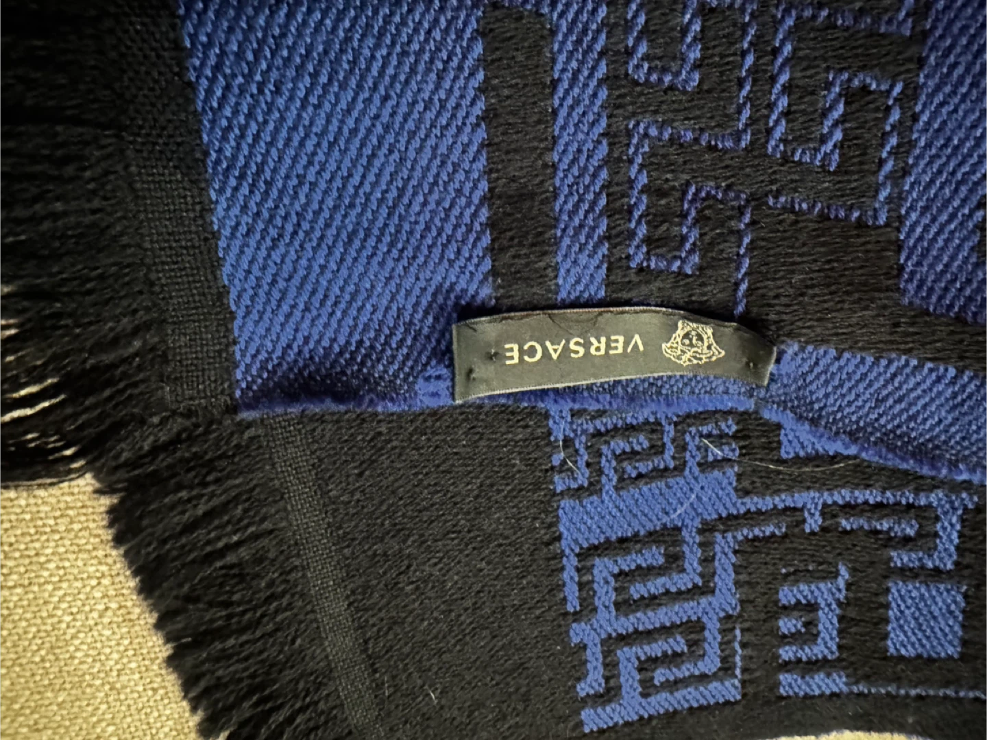 Authentic Versace Greca Medusa Wool Scarf – Royal Blue & Black - photo 3