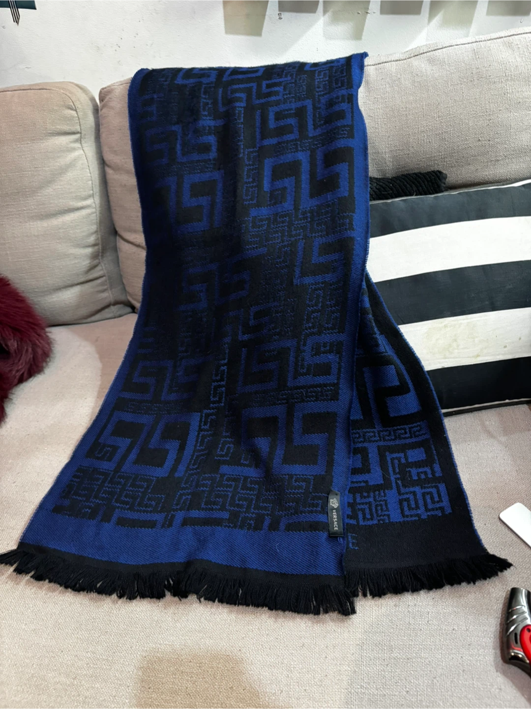 Authentic Versace Greca Medusa Wool Scarf – Royal Blue & Black