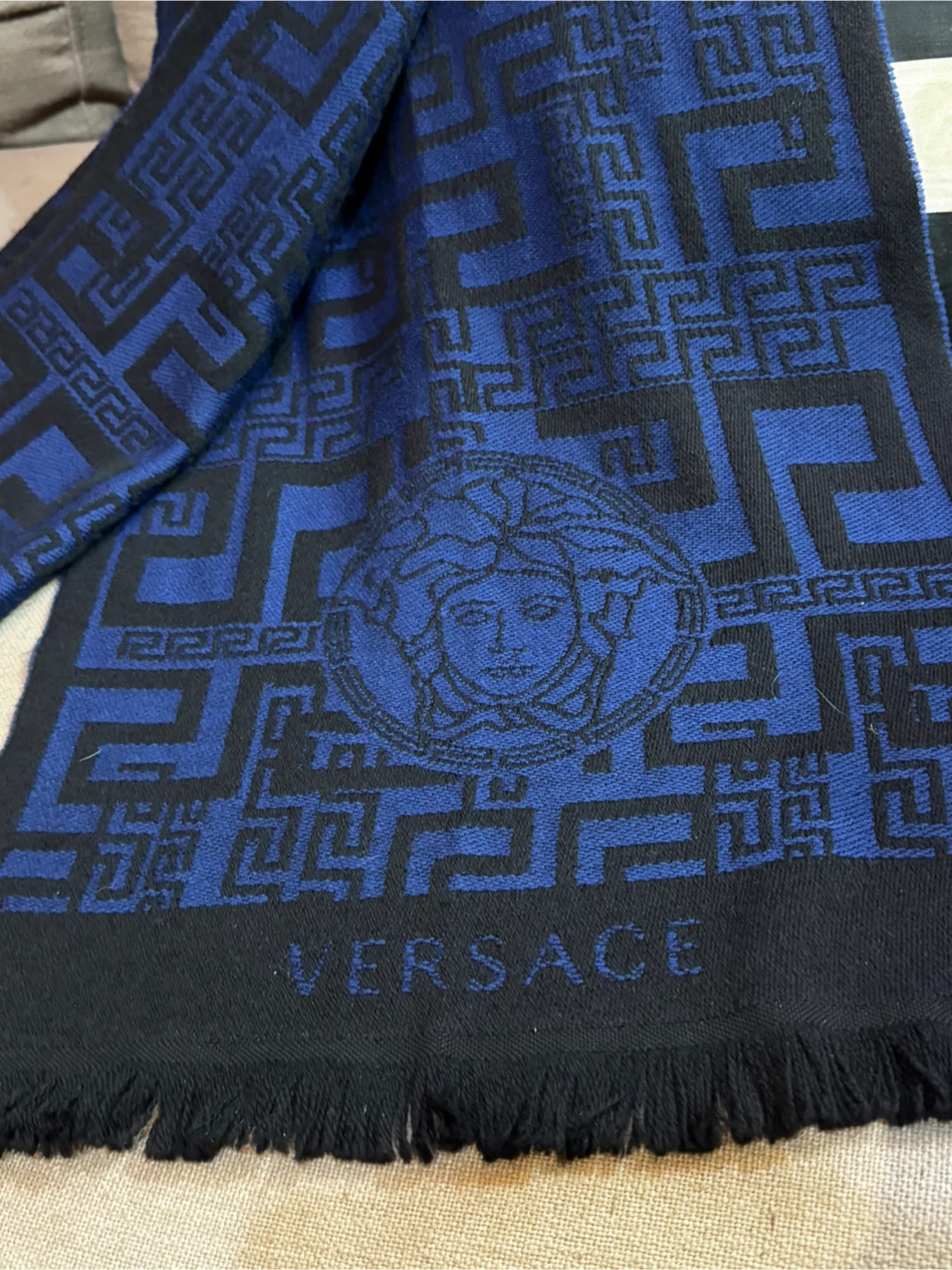 Authentic Versace Greca Medusa Wool Scarf – Royal Blue & Black - photo 2