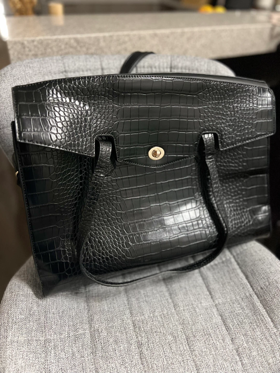 Black Croc-Embossed Tote work Bag