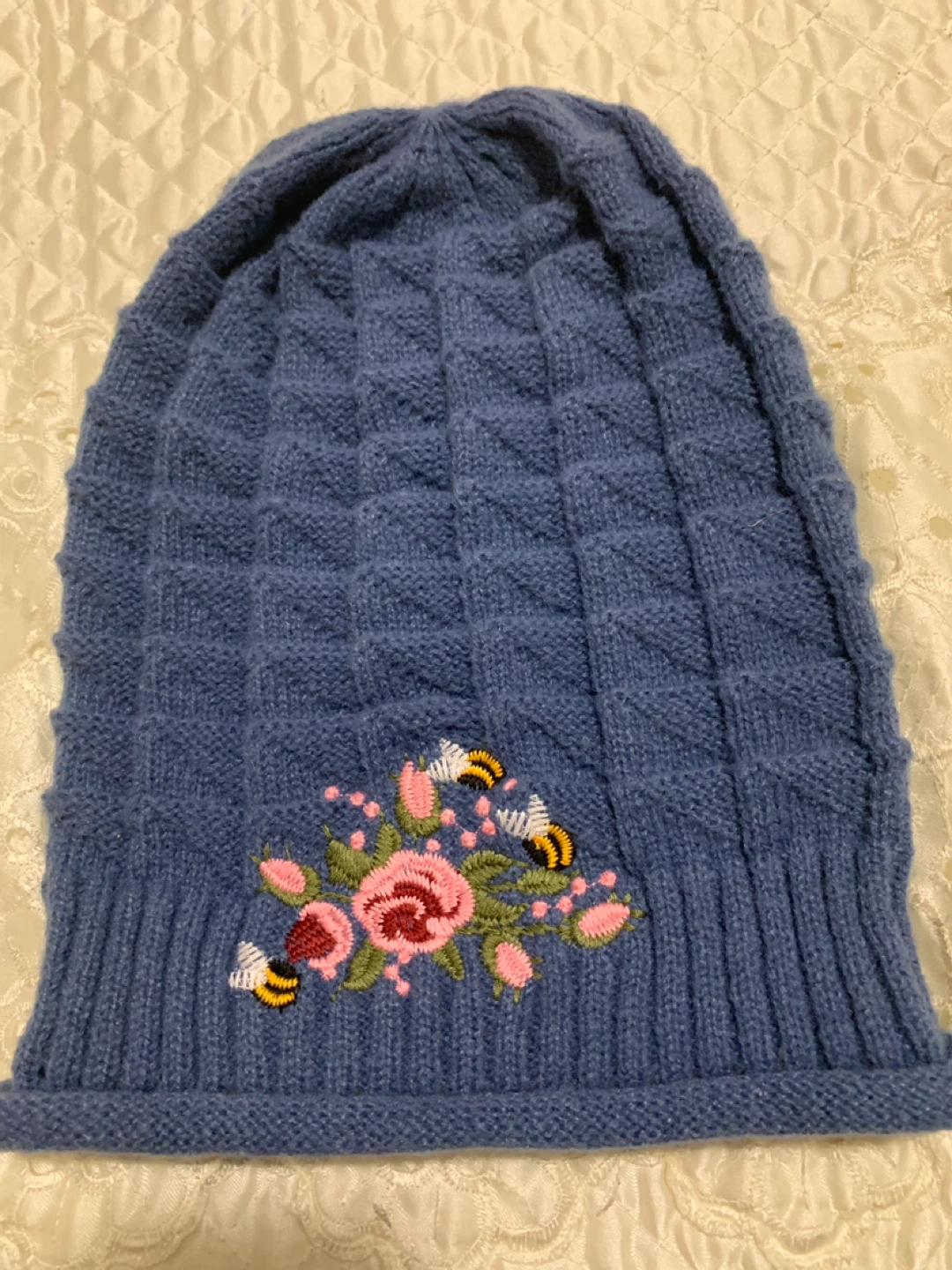 Blue Knit Beanie with Floral Bee Embroidery