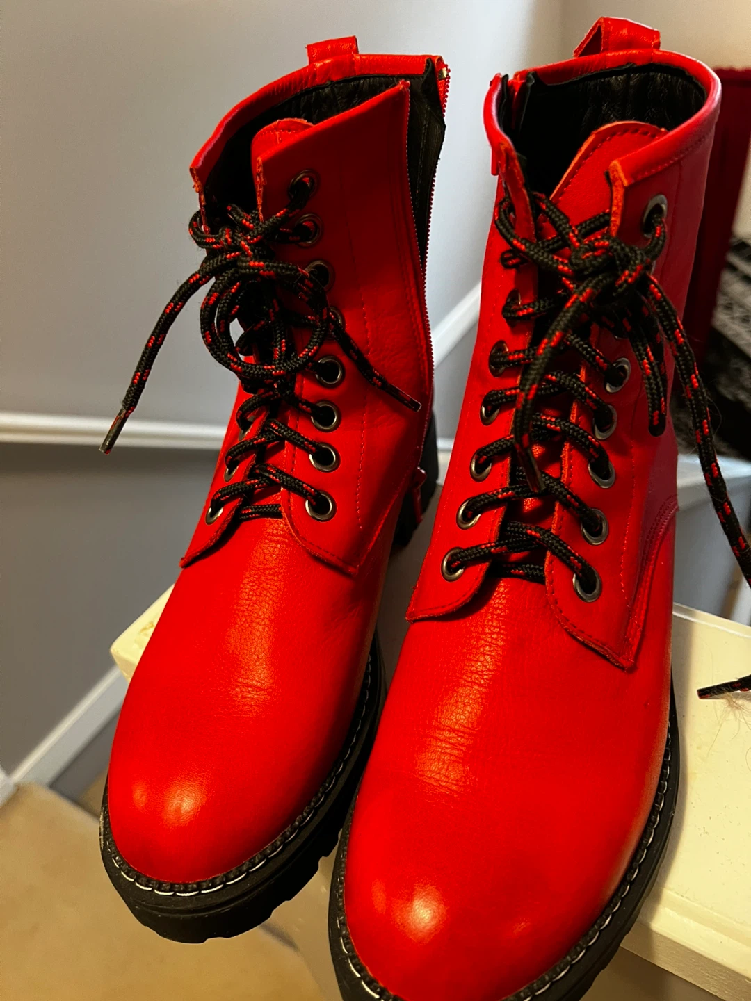 Red Lace-up Combat Boots