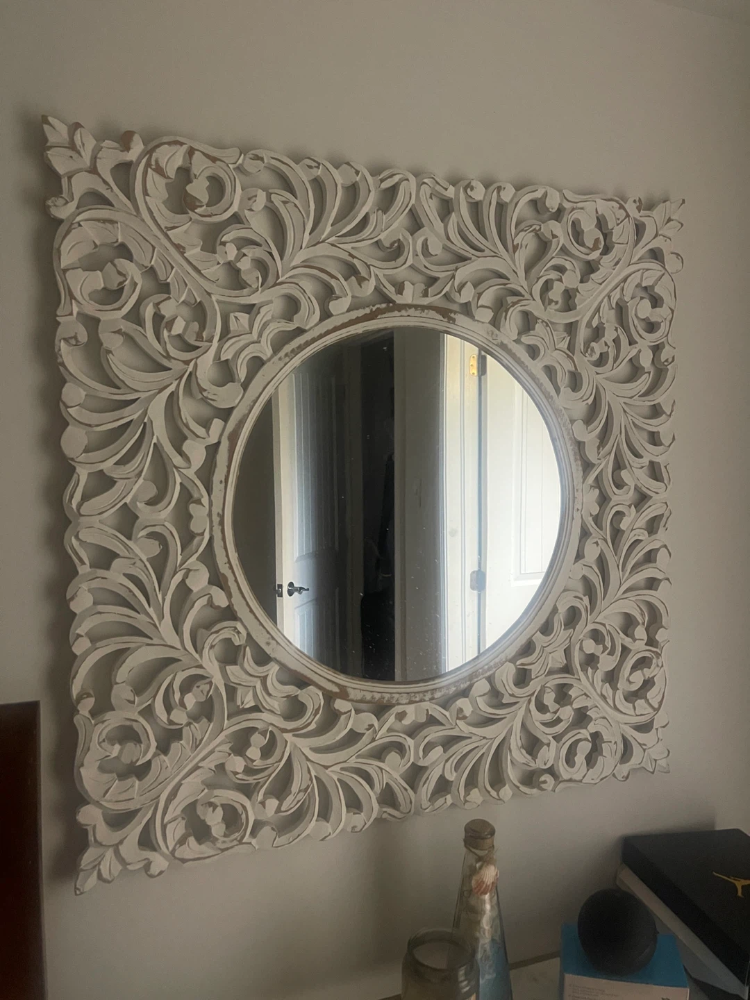 Ornate White Framed Round Mirror