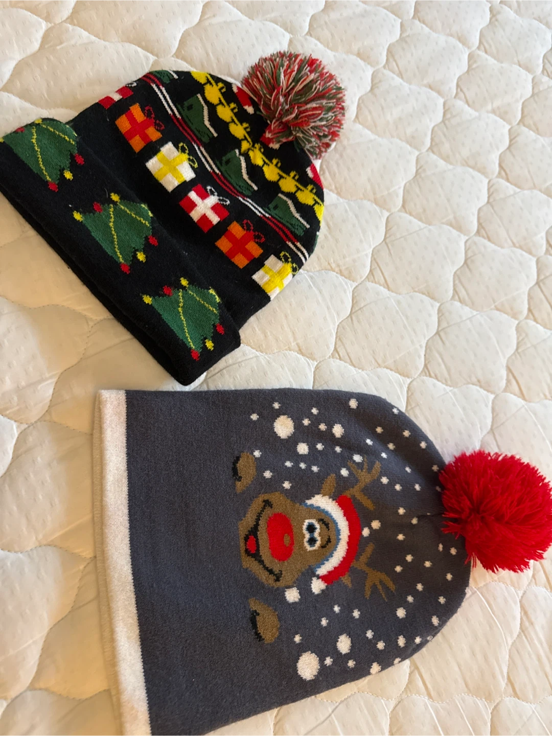Two Christmas Beanies with Pom-Poms