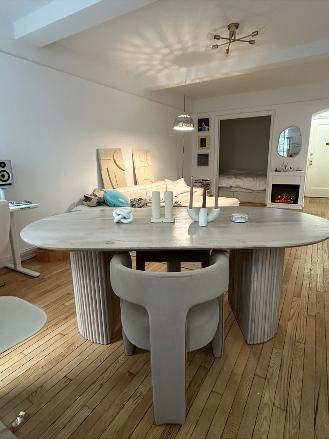 Custom Fluted Dining Table with 2 Upholstered Dining Chairs
