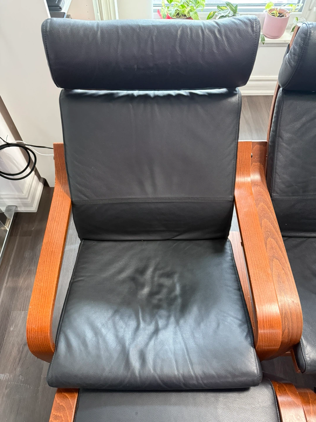 2 IKEA Poang Chairs with Ottomans - Black Leather - photo 2