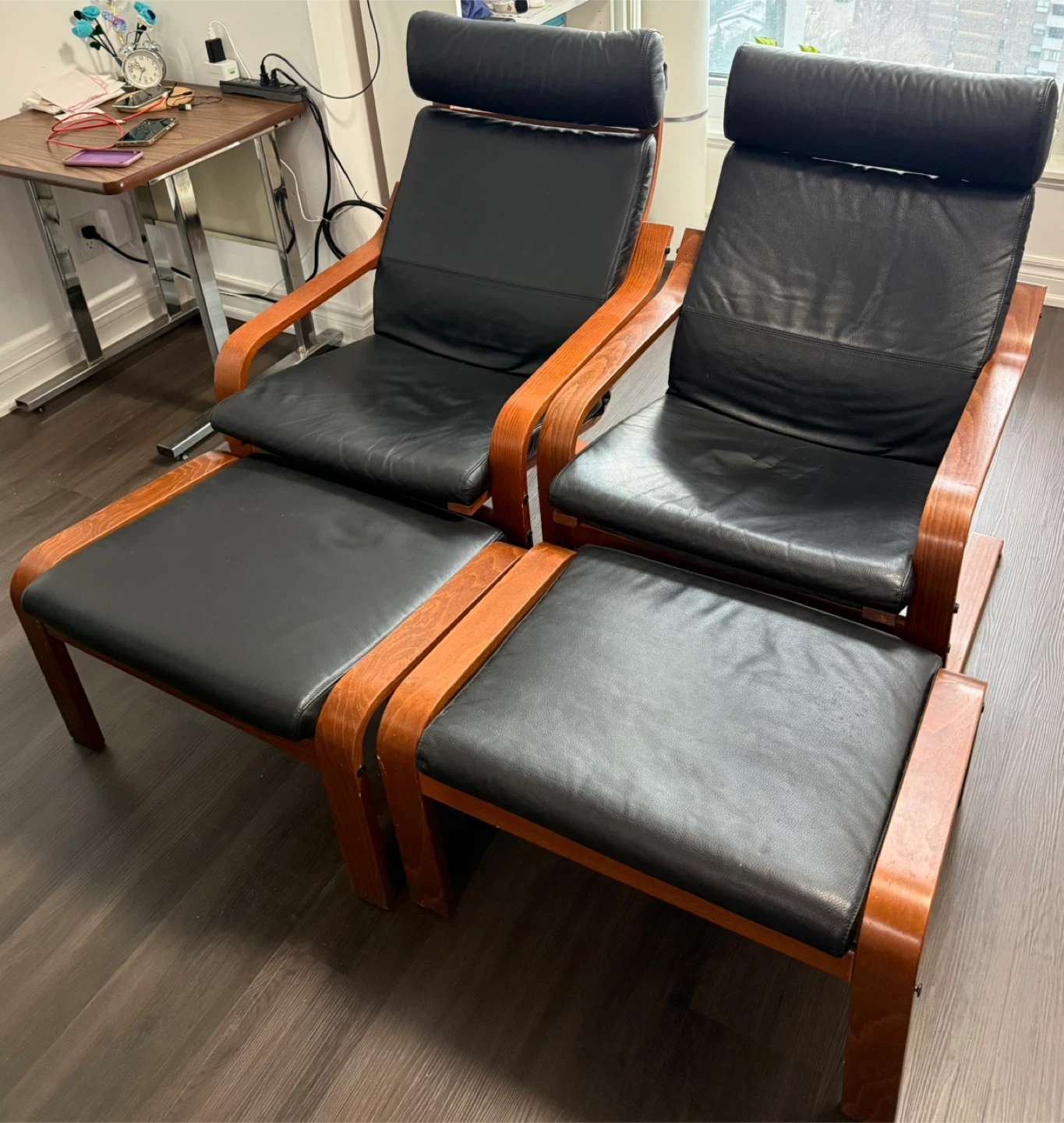 2 IKEA Poang Chairs with Ottomans - Black Leather - photo 3