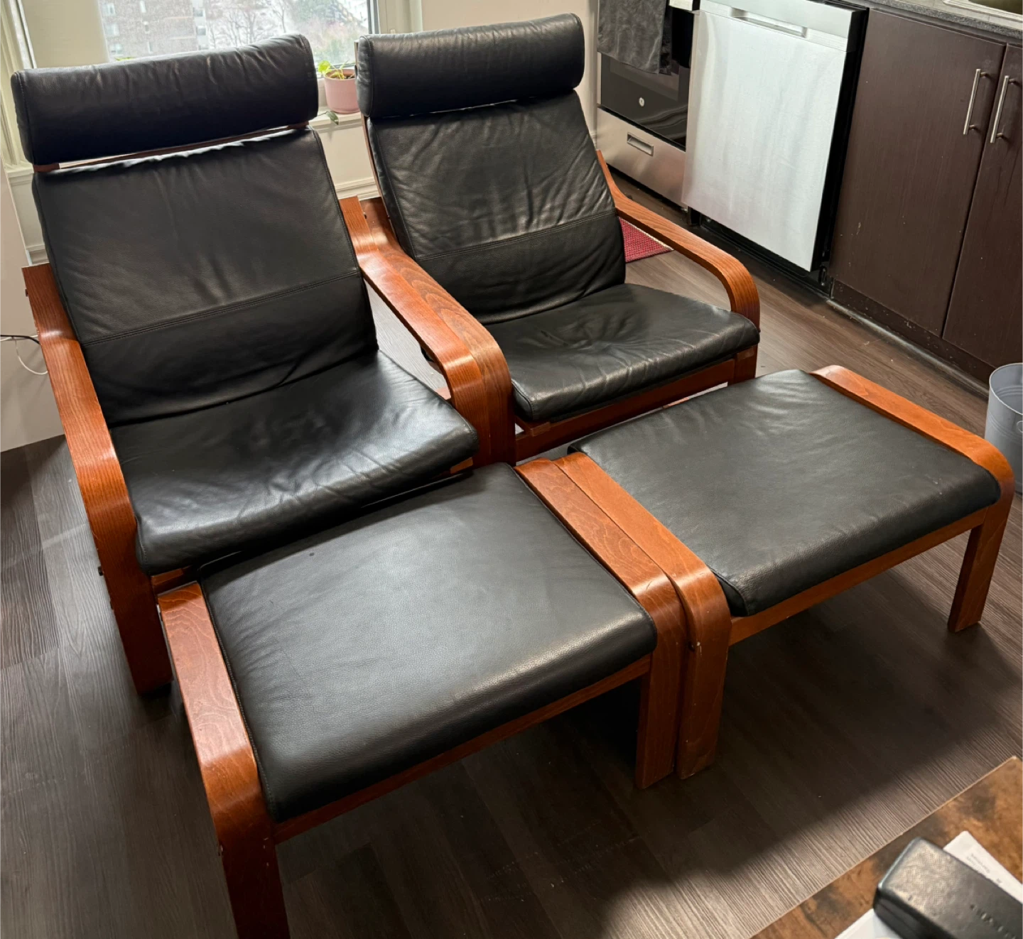 2 IKEA Poang Chairs with Ottomans - Black Leather