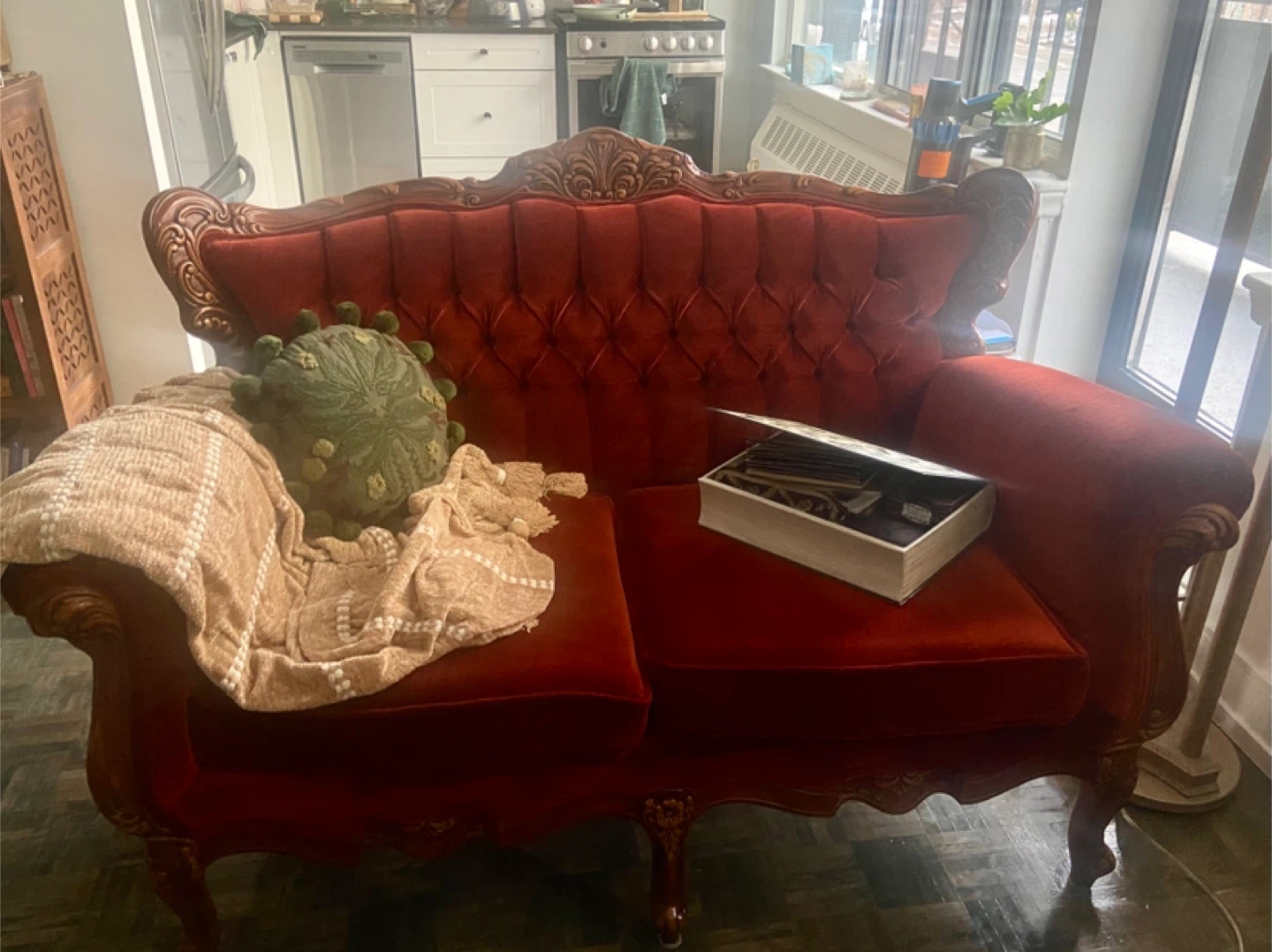Antique Style Red Velvet Loveseat