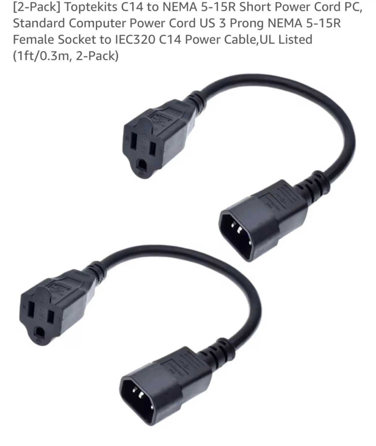 Toptekits C14 to NEMA 5-15R Power Cord (2-Pack)