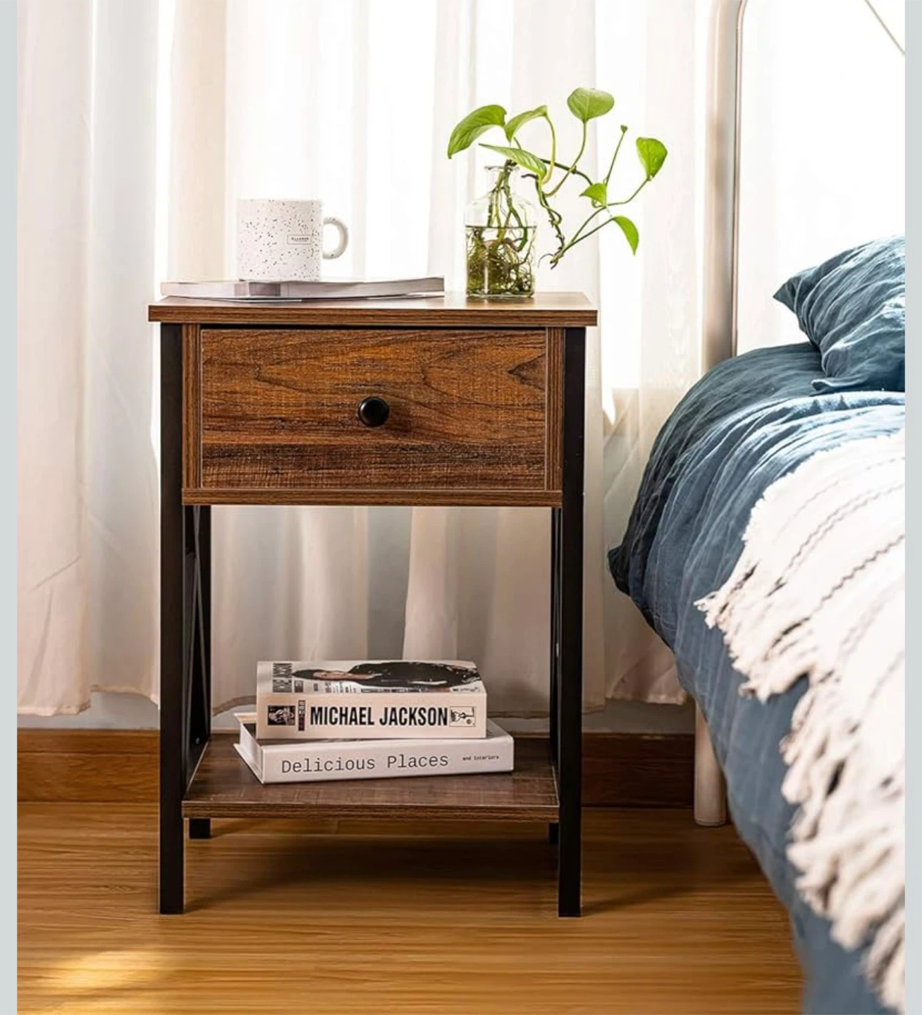 Brown Wood Nightstand with Drawer and Shelf