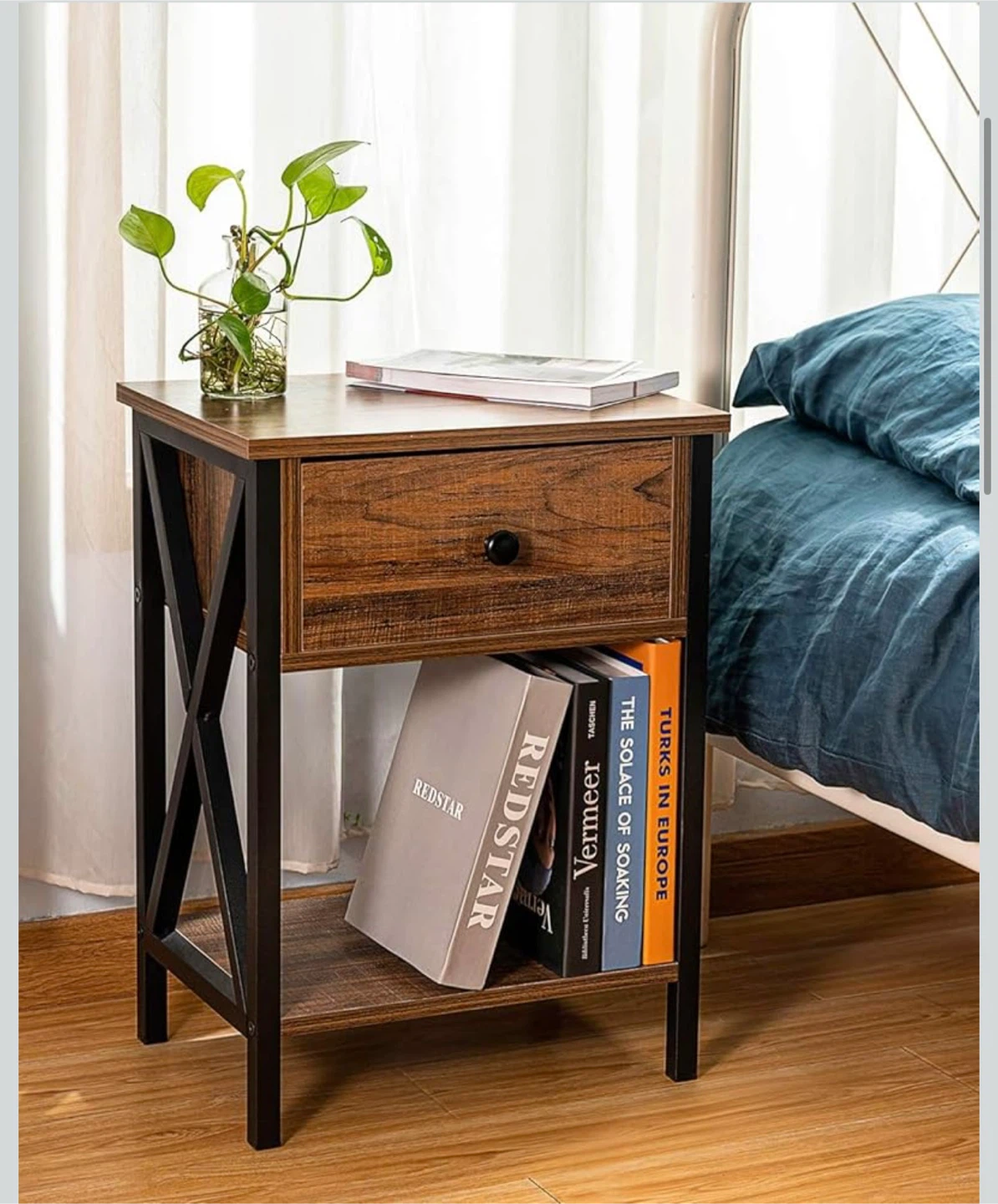 Brown Wood Nightstand with Drawer and Shelf - photo 2