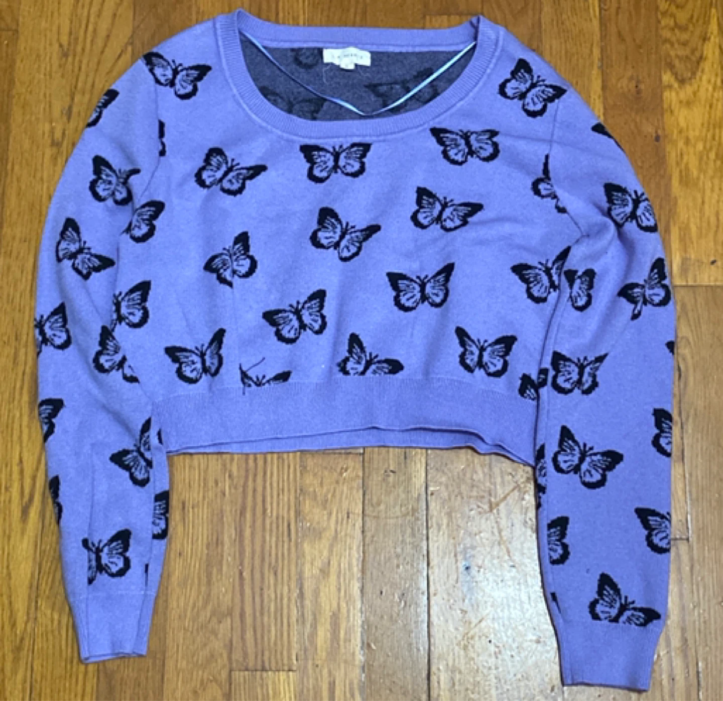 Purple Butterfly Print Cropped Sweater