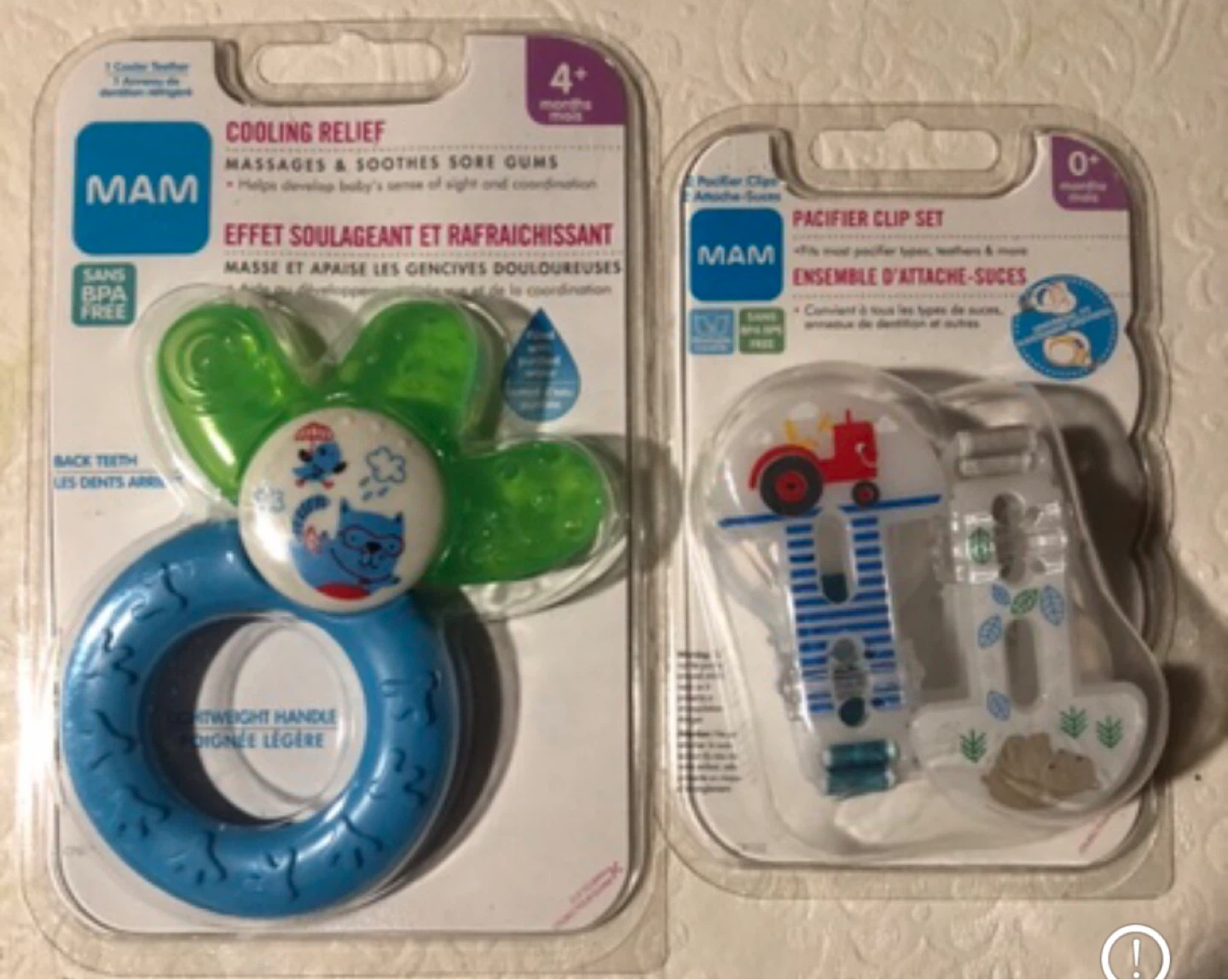 New MAM Cooling Relief Teether & Pacifier Clip Set