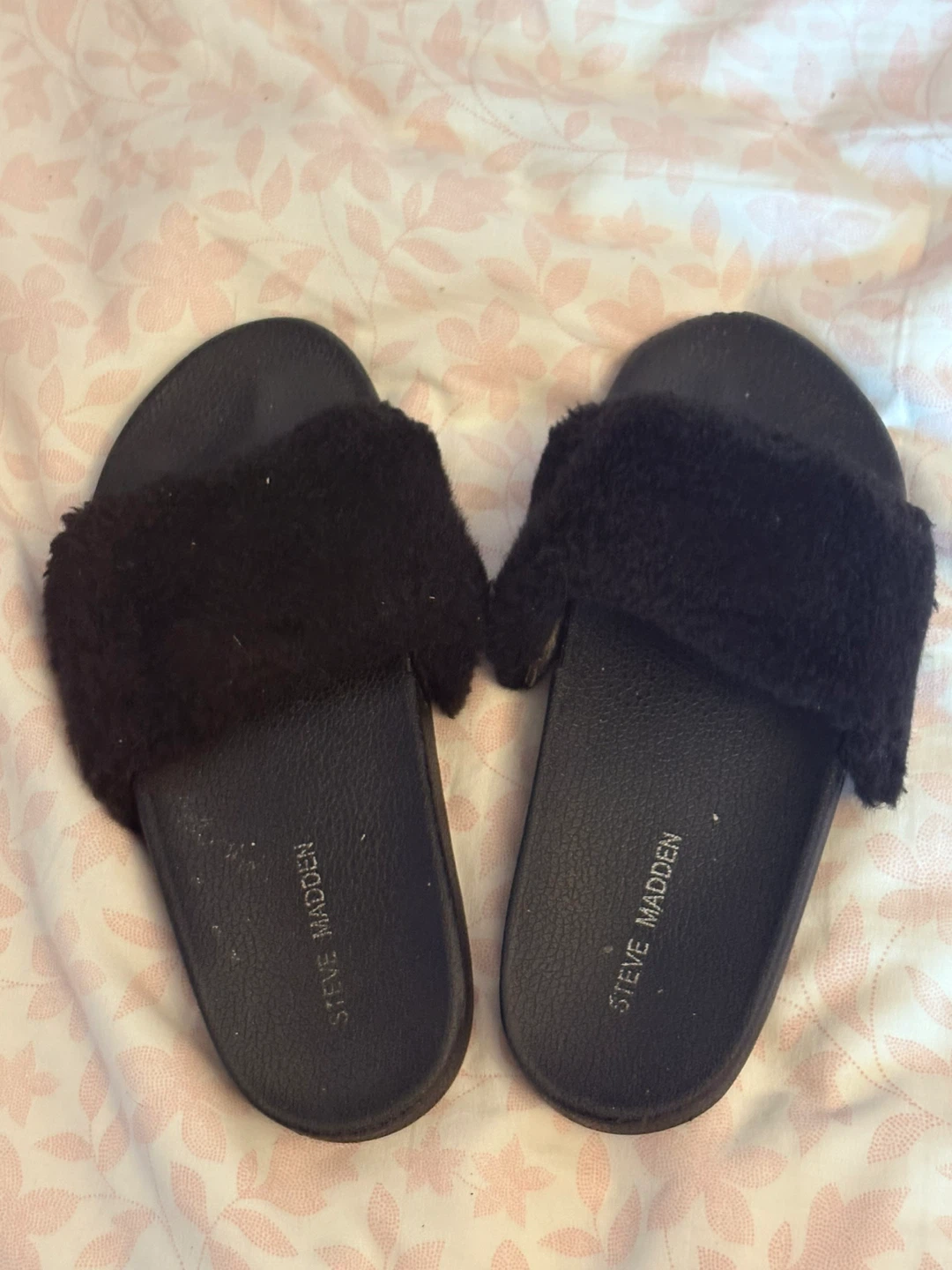 Steve Madden Black Fuzzy Slides