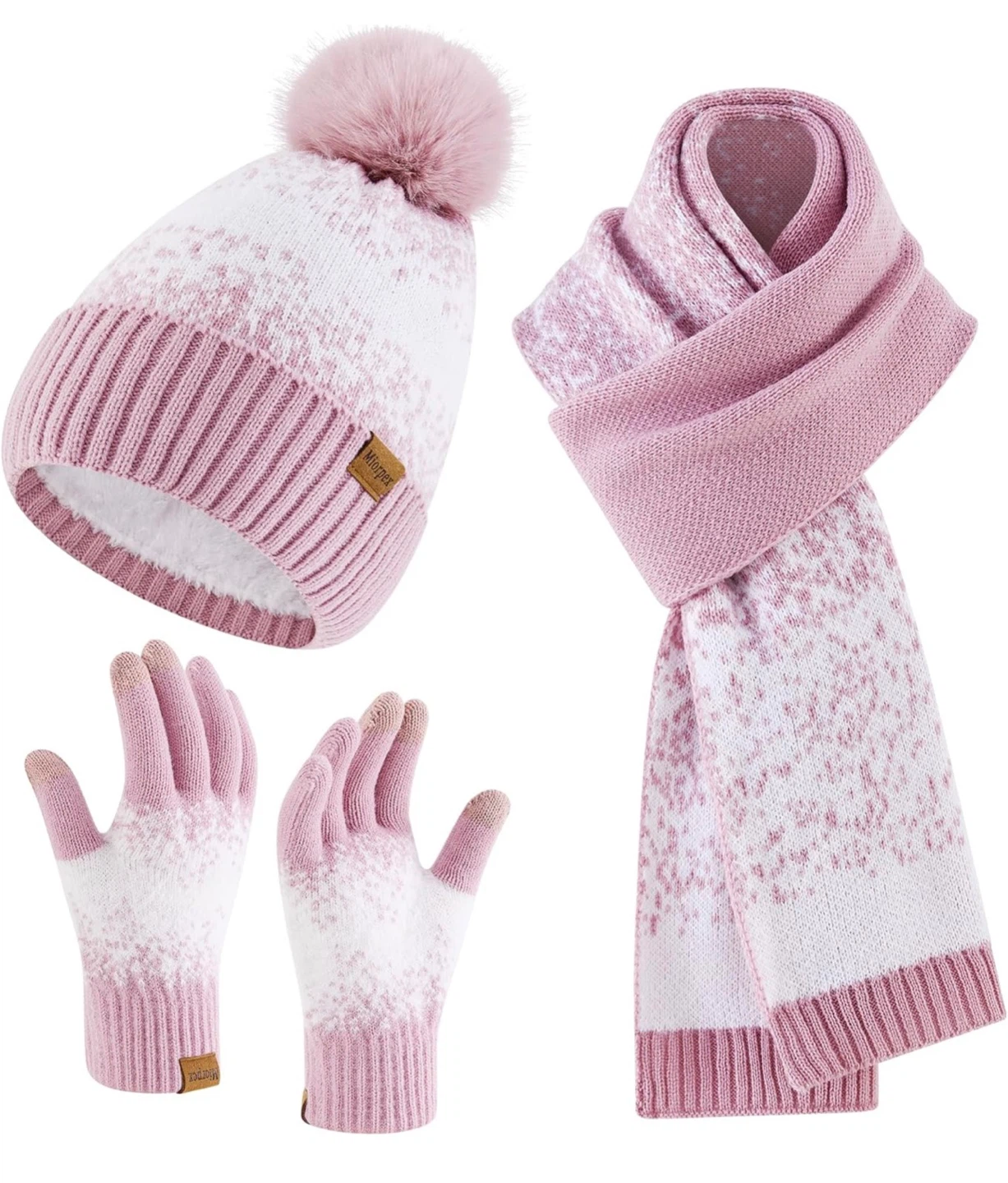 Winter Set: Beanie, Scarf, Gloves - Pink/White
