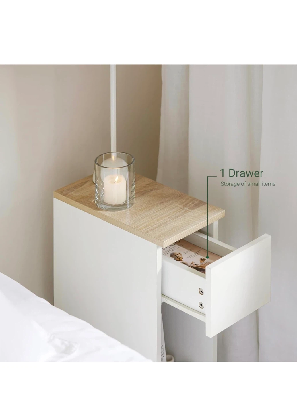White & Natural Narrow Bedside Table - photo 5