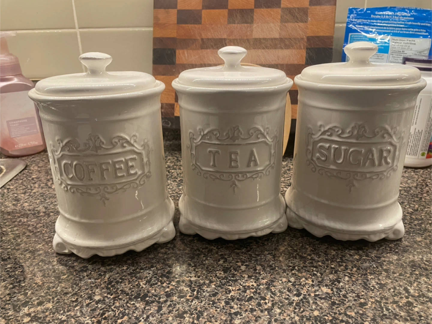 White Ceramic Coffee, Tea, Sugar Canisters
