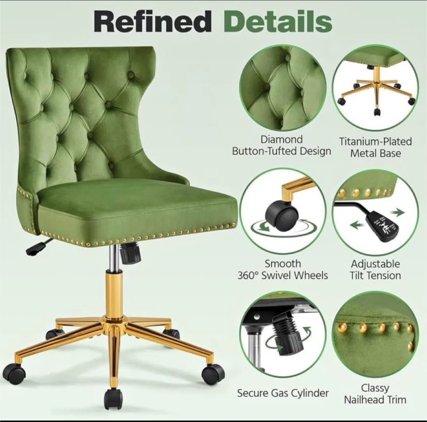 Green Velvet Office Chair - Button-Tufted Design