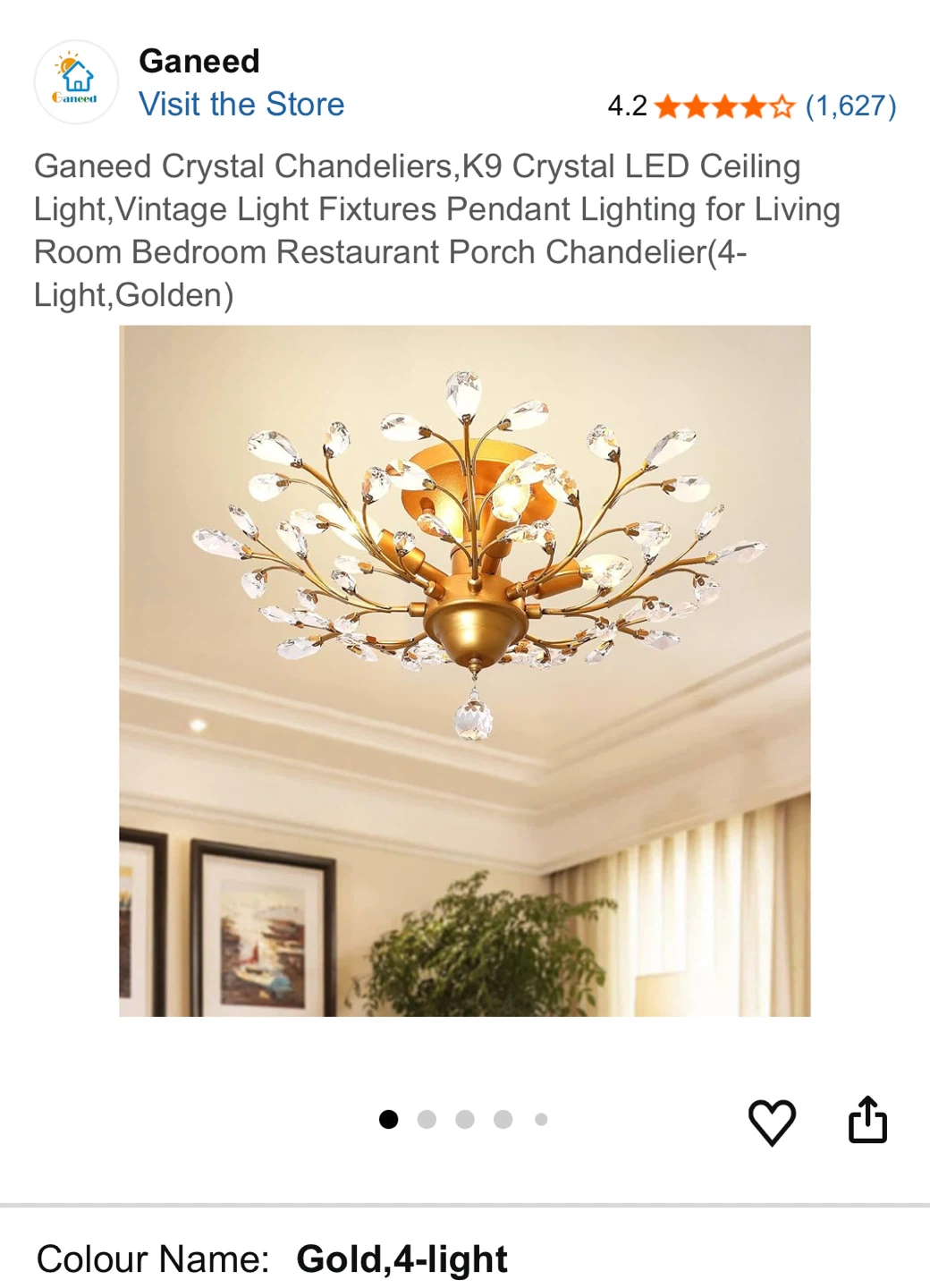 Ganeed K9 Crystal LED Ceiling Light - Gold, 4-Light