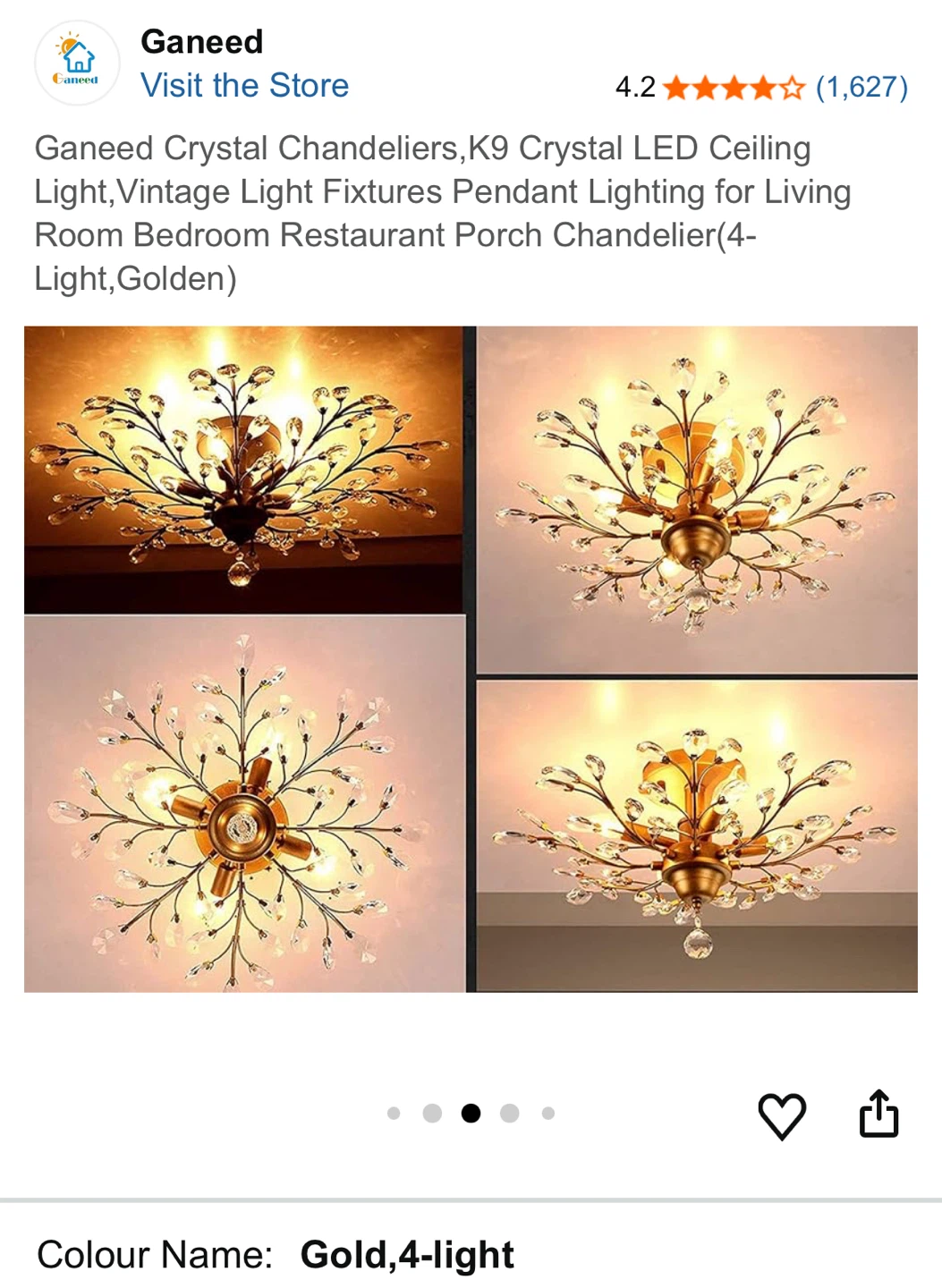 Ganeed K9 Crystal LED Ceiling Light - Gold, 4-Light - photo 5
