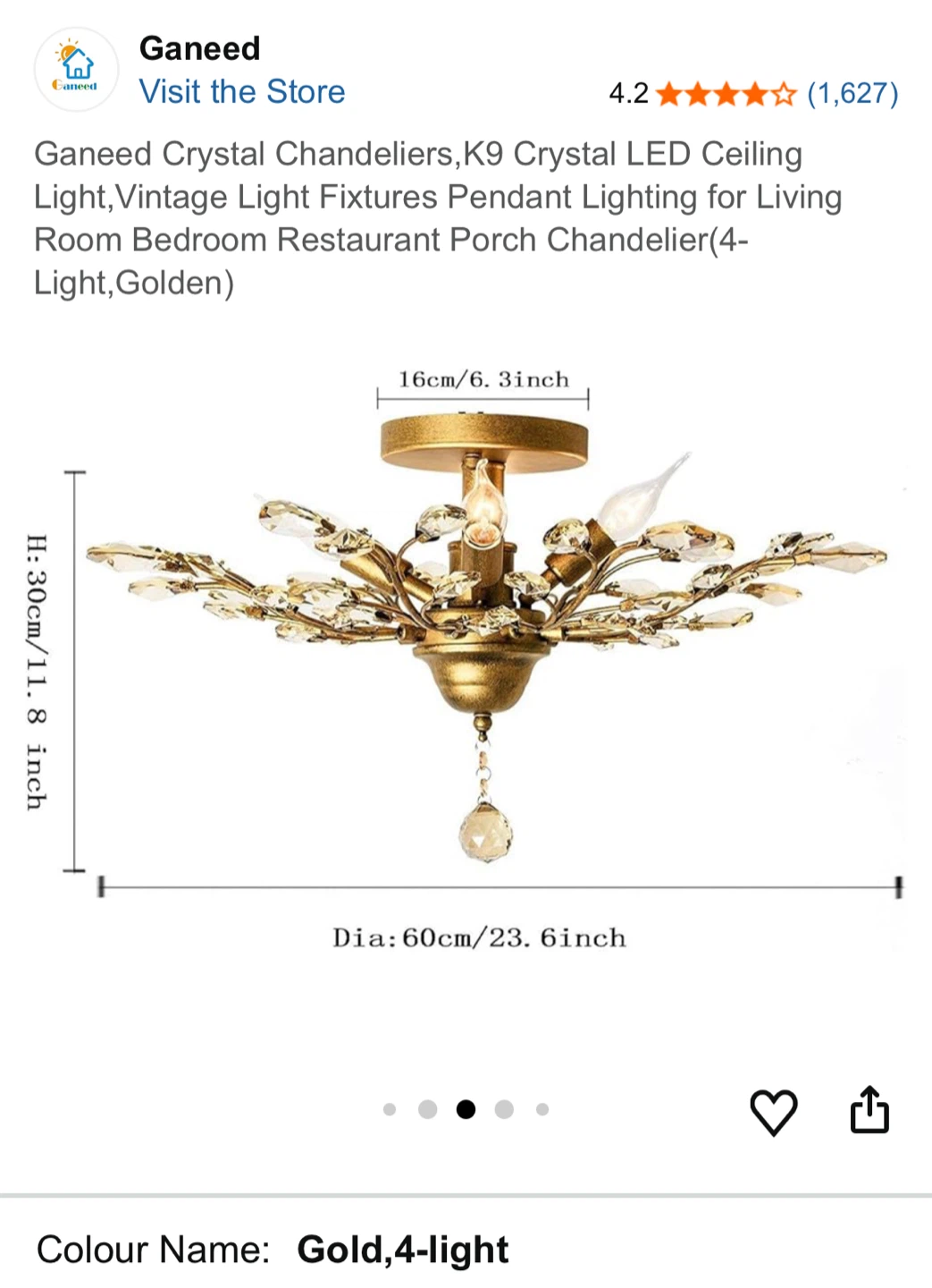 Ganeed K9 Crystal LED Ceiling Light - Gold, 4-Light - photo 3