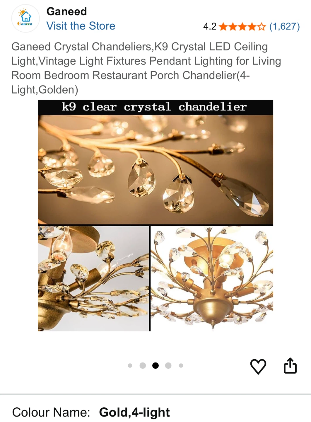 Ganeed K9 Crystal LED Ceiling Light - Gold, 4-Light - photo 4