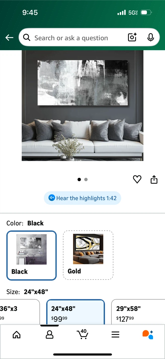 Black/ Gray Abstract Wall Art - 24"x48" - photo 2