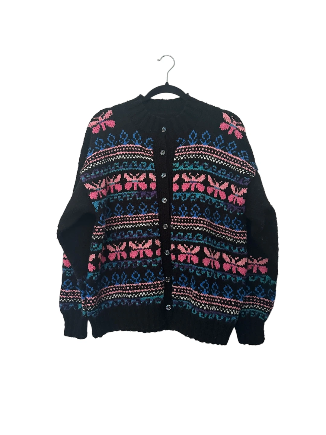 Vintage Homemade Black Knit Cardigan Fair Isle Design