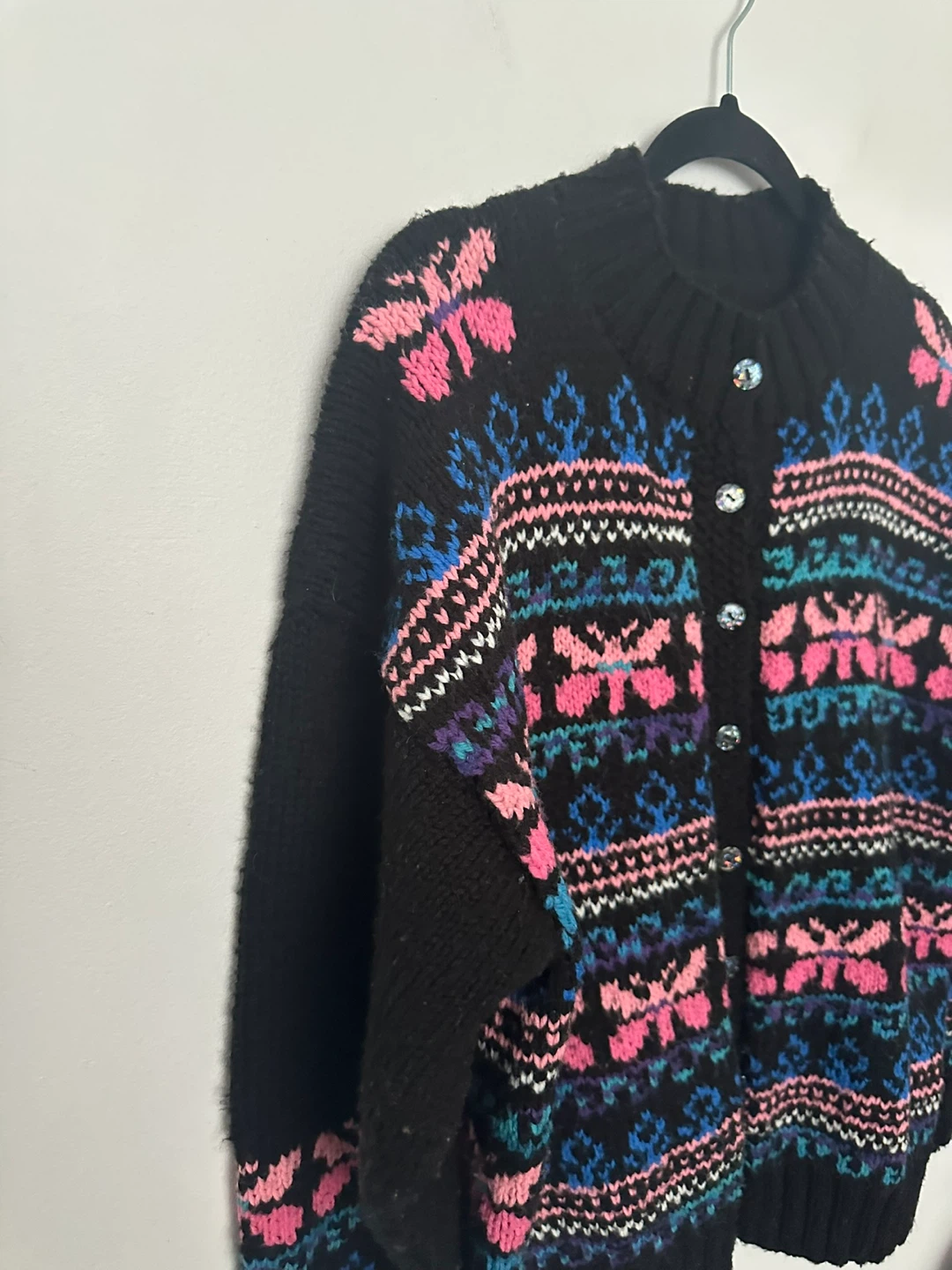 Vintage Homemade Black Knit Cardigan Fair Isle Design - photo 4