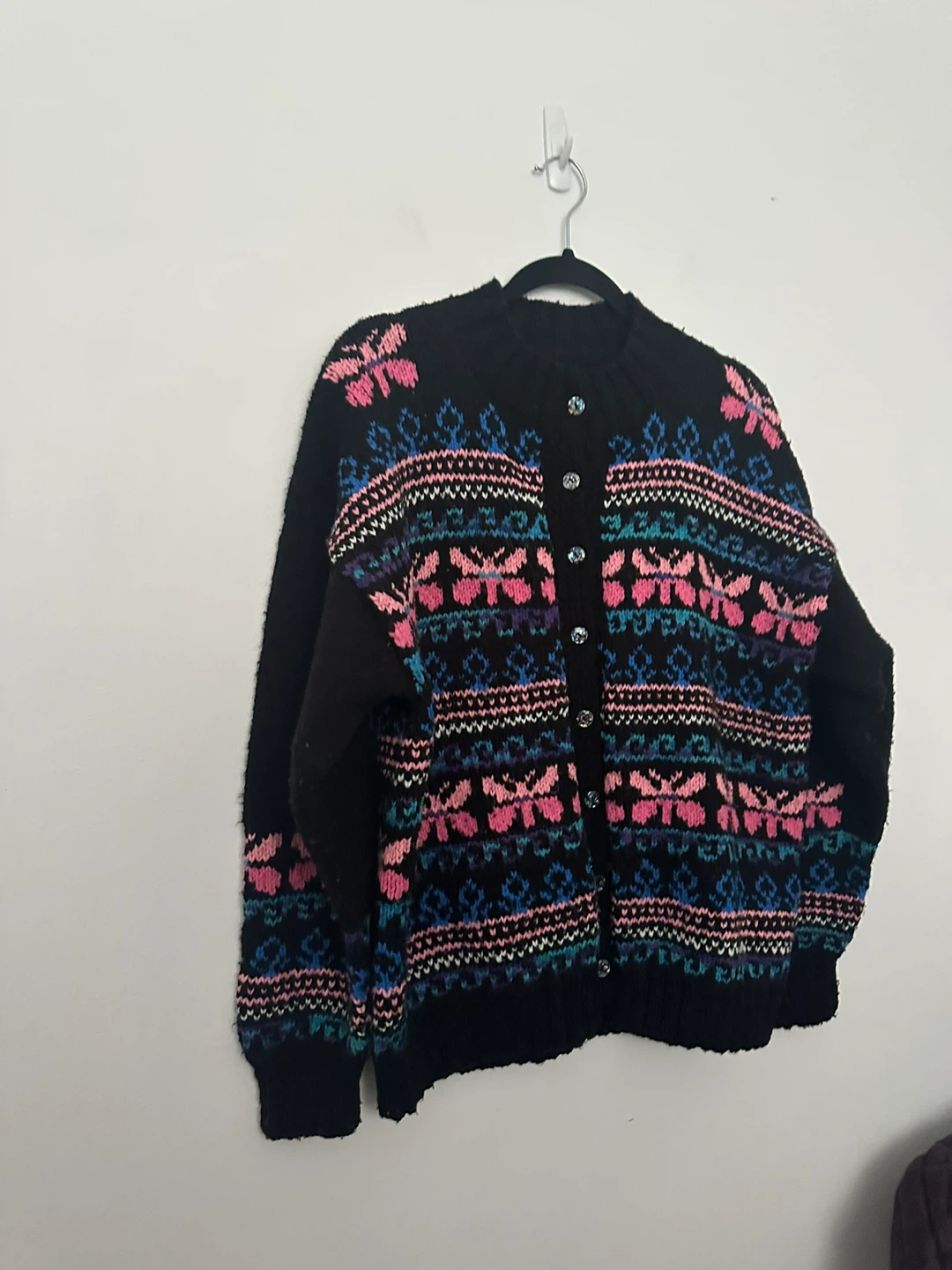 Vintage Homemade Black Knit Cardigan Fair Isle Design - photo 2