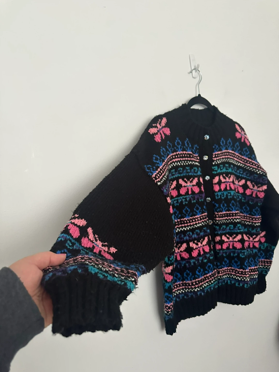 Vintage Homemade Black Knit Cardigan Fair Isle Design - photo 5